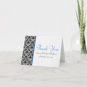 Blauw, wit en zwart damasten bedankkaart
