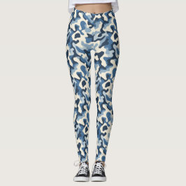 Blauw, Wit en Zwart Retro Camo Patroon Leggings
