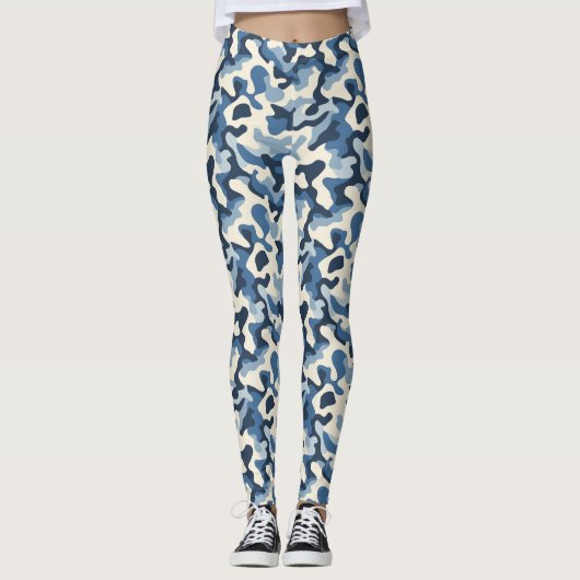 Blauw, Wit en Zwart Retro Camo Patroon Leggings (Voorkant)