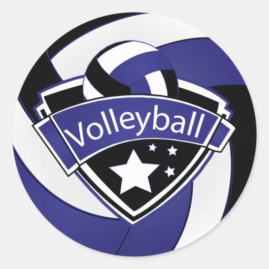 Blauw, Wit en Zwart Volleybal Superster Ronde Sticker (Voorkant)