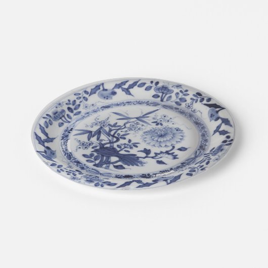 Blauw wit faux porselein chinoiserie ui patroon papieren bordje (Gekanteld)