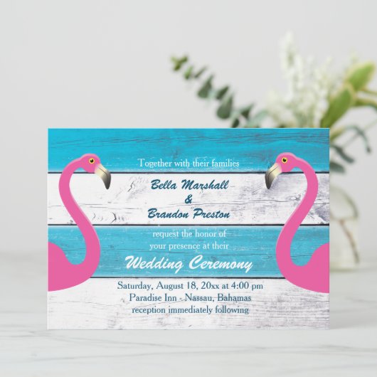 Blauw & Wit Flamingo Bruiloft Uitnodiging (Staand voorkant)
