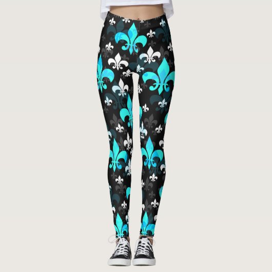 Blauw Wit Fleur De Lis Leggings (Voorkant)