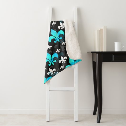 Blauw Wit Fleur De Lis Sherpa Deken (In situ)