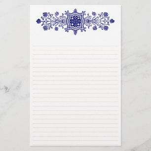 Blauw Wit  Floral Art Lined Stationery Briefpapier