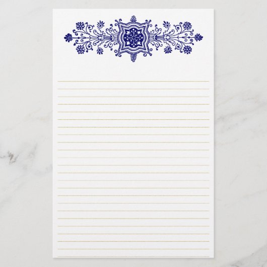 Blauw Wit  Floral Art Lined Stationery Briefpapier (Voorkant)