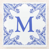 Blauw-wit Floral Tegel Monogram Glazen Onderzetter (Voorkant)