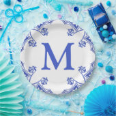 Blauw-wit Floral Tegel Monogram Papieren Bordje (Feest)