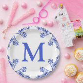 Blauw-wit Floral Tegel Monogram Papieren Bordje (Feest)
