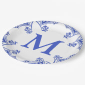 Blauw-wit Floral Tegel Monogram Papieren Bordje (Gekanteld)