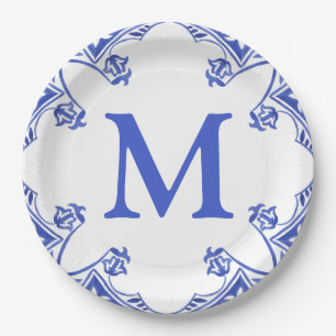 Blauw-wit Floral Tegel Monogram Papieren Bordje