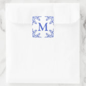 Blauw-wit Floral Tegel Monogram Vierkante Sticker (Tas)
