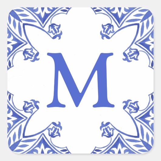 Blauw-wit Floral Tegel Monogram Vierkante Sticker (Voorkant)