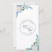 Blauw, wit Floral Wedding sparen het Bladwijzer va (Achterkant)