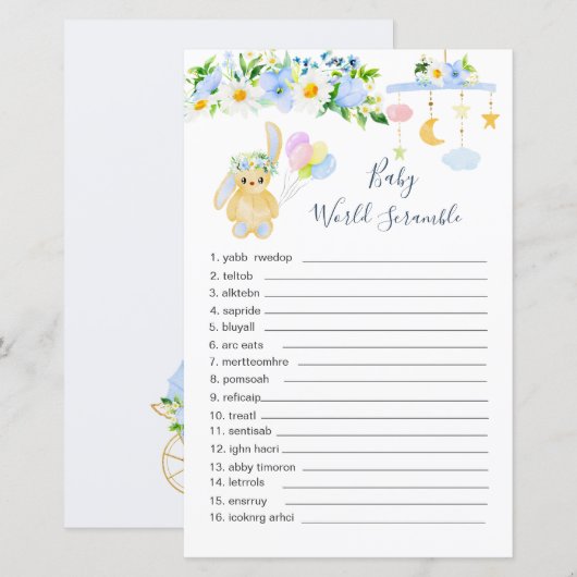 Blauw wit Floral Word Scramble Paper Sheet (Voorkant / Achterkant)