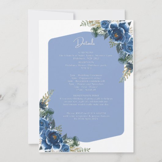 Blauw & Wit Foral bruiloft uitnodiging (Achterkant)