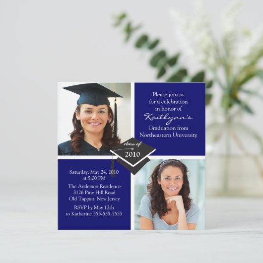 Blauw & wit Foto Afstuderen Uitnodiging (Staand voorkant)