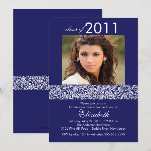 Blauw & wit Foto Afstuderen Uitnodiging (Voorkant / Achterkant)