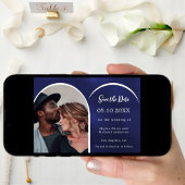 Blauw wit foto boog bruiloft save the date