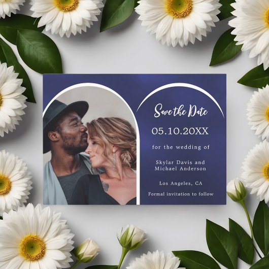 Blauw wit foto boog bruiloft save the date