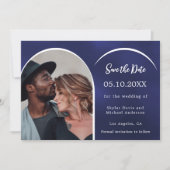 Blauw wit foto boog bruiloft save the date (Voorkant)