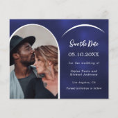Blauw wit foto boog bruiloft Save the Date kaart (Voorkant)