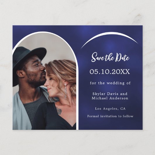 Blauw wit foto boog bruiloft Save the Date kaart (Voorkant)