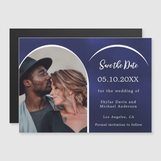 Blauw wit foto boog bruiloft Save the Date kaart Magnetische Uitnodiging (Voorkant / Achterkant)