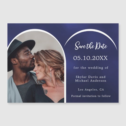 Blauw wit foto boog bruiloft Save the Date kaart Magnetische Uitnodiging (Voorkant)