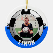 Blauw Wit Foto Voetbal One Sided Keramisch Ornament (Voorkant)