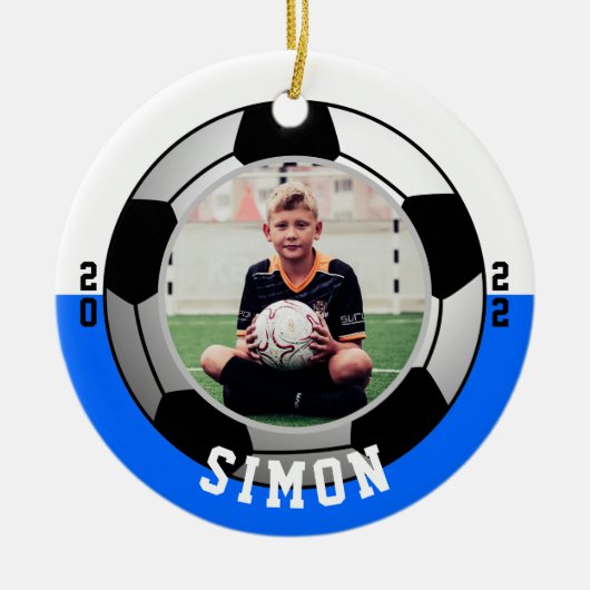 Blauw Wit Foto Voetbal One Sided Keramisch Ornament (Voorkant)