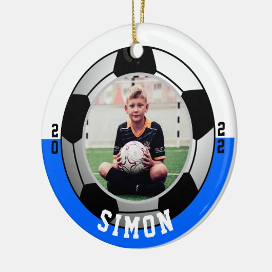 Blauw Wit Foto Voetbal One Sided Keramisch Ornament (Links)
