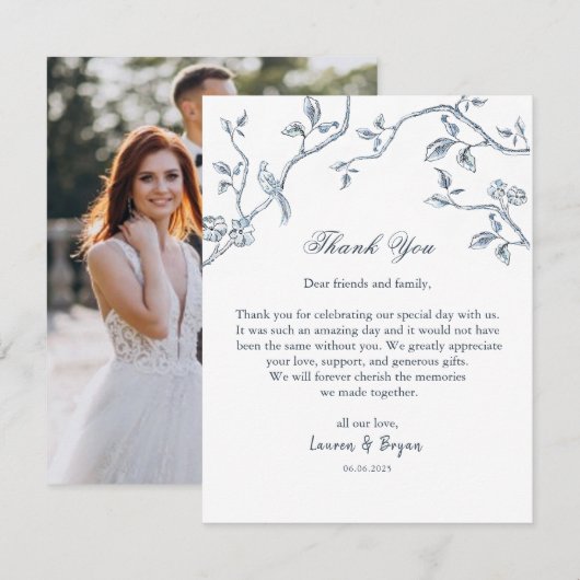 Blauw & wit Frans Toile Trouwkaart Bedankkaart (Voorkant / Achterkant)