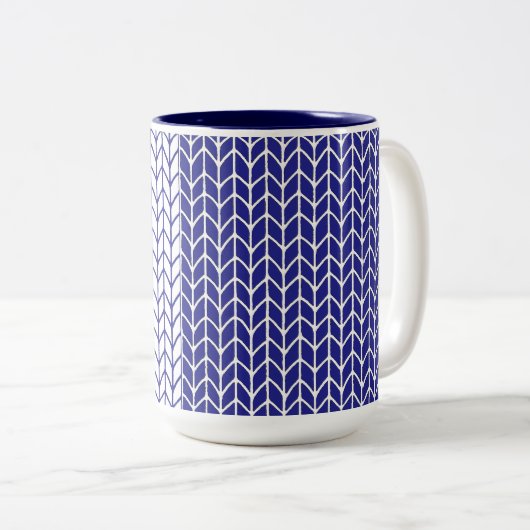 BLAUW & WIT GEBREID Marineblauw Tweekleur Mok (Voorkant rechts)
