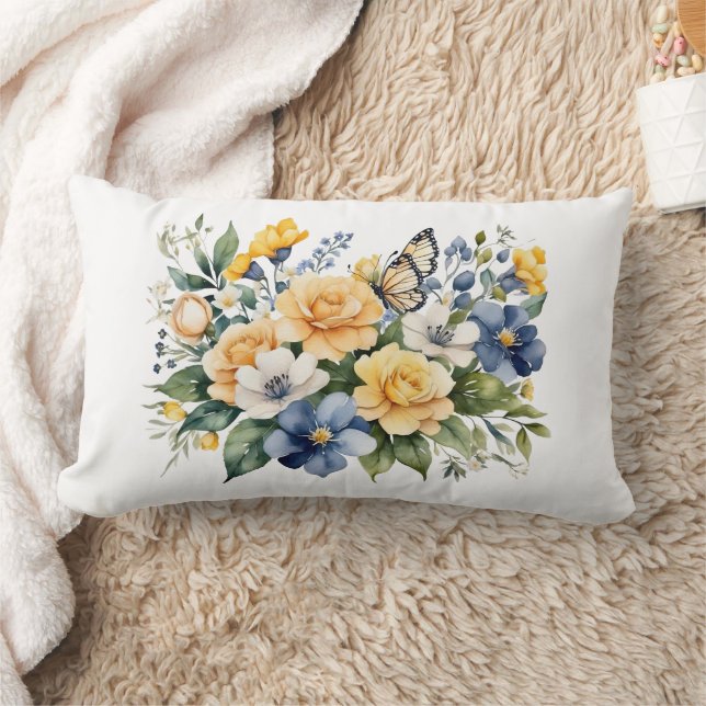 Blauw Wit Geel Bloem Motief Vlinder Waterverf Cade Kussen (Deken)
