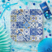 Blauw, wit & geel bloemig mediterraan patroon papieren bordje (Feest)