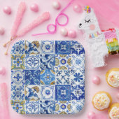 Blauw, wit & geel bloemig mediterraan patroon papieren bordje (Feest)