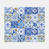Blauw, wit & geel mediterraan bloemmotief fleece deken (Voorkant (Horizontaal))