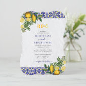 Blauw Wit Geel Mediterraan Tegel Citroen Bruiloft Kaart (Staand voorkant)