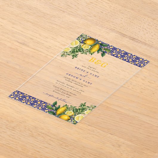 Blauw Wit Geel Mediterraans Tegel Citroen Bruiloft Acryl Uitnodigingen (Laagn)