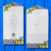 Blauw Wit Geel Mediterraans Tegel Citroen Bruiloft All In One Uitnodiging