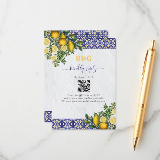 Blauw Wit Geel Mediterraans Tegel Citroen Bruiloft Informatiekaartje (Voorkant / Achterkant in situ)