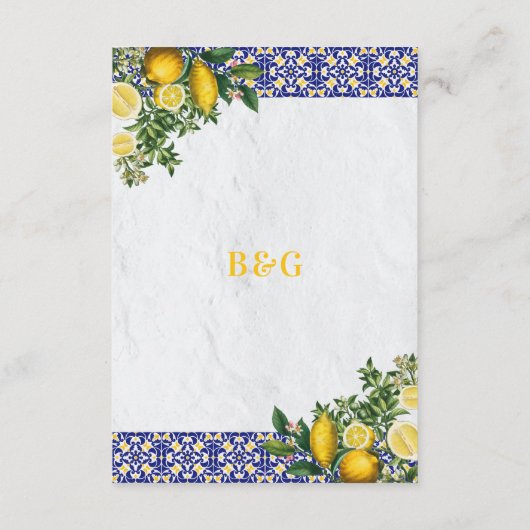 Blauw Wit Geel Mediterraans Tegel Citroen Bruiloft Informatiekaartje (Achterkant)