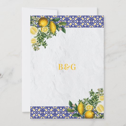 Blauw Wit Geel Mediterraans Tegel Citroen Bruiloft Kaart (Achterkant)