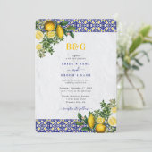 Blauw Wit Geel Mediterraans Tegel Citroen Bruiloft Kaart (Staand voorkant)