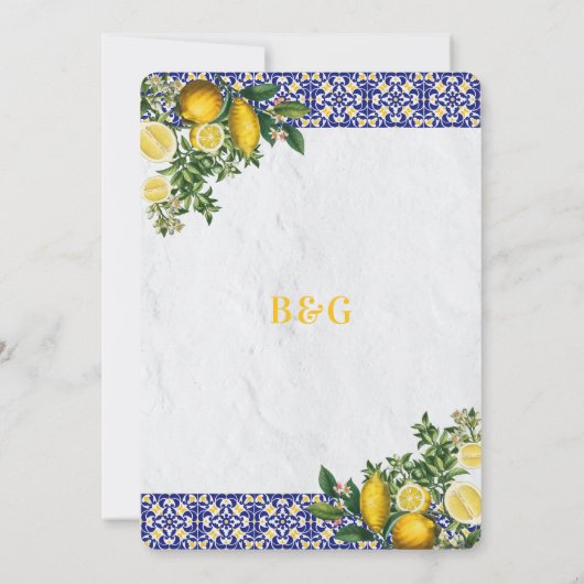 Blauw Wit Geel Mediterraans Tegel Citroen Bruiloft Kaart (Achterkant)