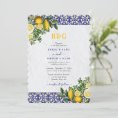 Blauw Wit Geel Mediterraans Tegel Citroen Bruiloft Kaart (Staand voorkant)