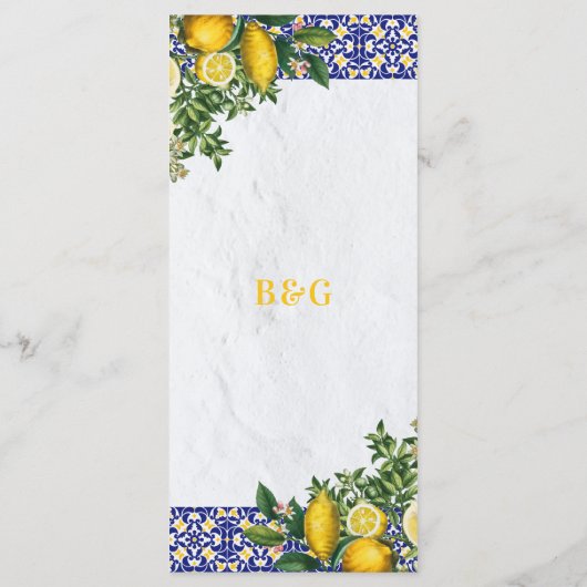 Blauw Wit Geel Mediterraans Tegel Citroen Bruiloft Menu (Achterkant)