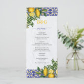 Blauw Wit Geel Mediterraans Tegel Citroen Bruiloft Menu (Staand voorkant)