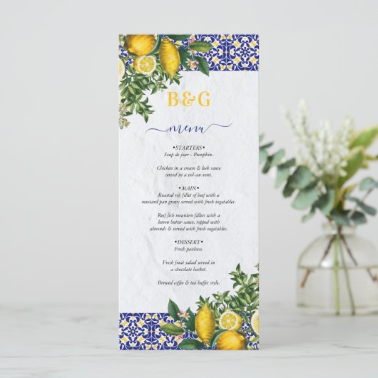 Blauw Wit Geel Mediterraans Tegel Citroen Bruiloft Menu (Staand voorkant)